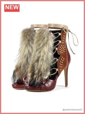 Stiletto Heeled Sandal Bootie, Brown Suede Furry Fuzzy Fur Fluffy Plush Open